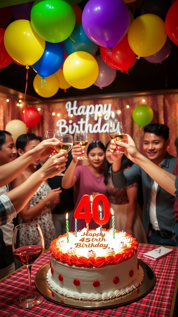 Heartfelt 40th Birthday Toast Ideas Guests celebrating a 40th birthday with a toast, surrounded by decorations and a cake.